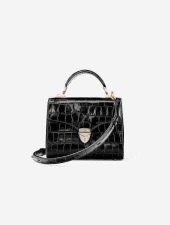 Aspinal Of London Black Mayfair Midi Leather Strap Deep Shine Croc Shoulder Bag