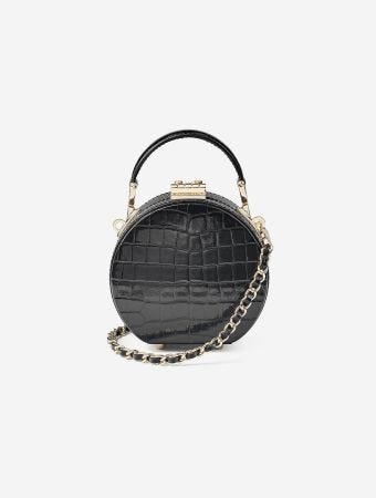 Aspinal Of London Black Hat Box Micro Black Patent Croc Handbag