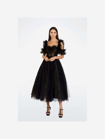 Zeena Zaki Black Ruffle And Lace Midi Dress