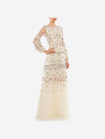 Mac Duggal Ivory Embroidered High Neck Illusion Sleeves Tiered Gown
