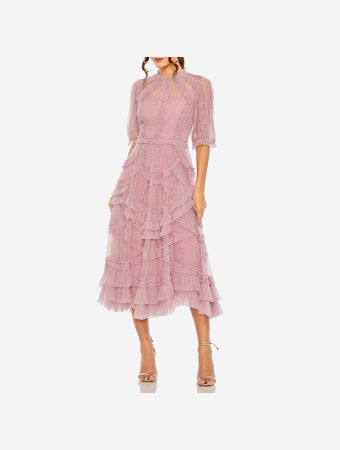 Mac Duggal Antique Rose High Neck Puff Sleeve Ruffle Tiered Dress