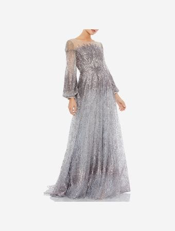 Mac Duggal Platinum Jewel Encrusted Illusion Long Sleeve A Line Gown