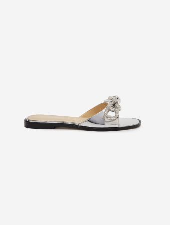 Mach & Mach Silver Double Bow Mirror Leather Flat Sandals