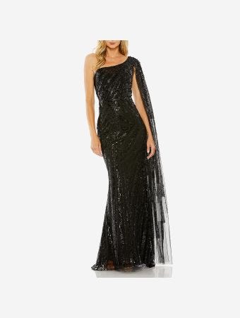 Mac Duggal Black One Shoulder Cape Sleeve Embellished Gown