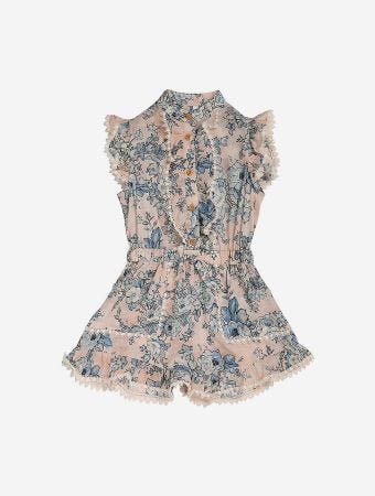 Zimmermann Peach Blue Floral Halliday Frill Playsuit