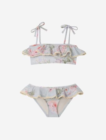 Zimmermann Blue Watercolour Floral Halliday Trim Frill Bikini