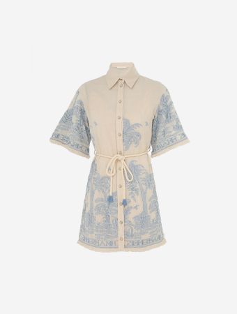 Zimmermann Cream Blue Ottie Palm Shirt Dress