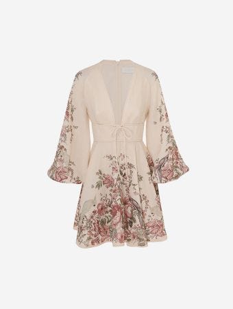 Zimmermann Cream Floral Waverly Plunge Mini Dress