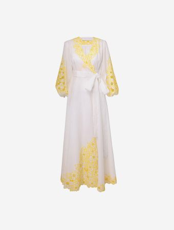 Zimmermann Ivory Yellow Golden Embroidered Midi Dress