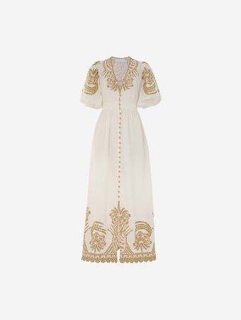 Zimmermann Cream Gold Waverly Embroidered Midi Dress