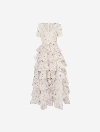 Zimmermann Ivory Watercolour Floral Halliday Tiered Ruffle Maxi Gown