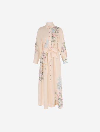 Zimmermann Cream Watercolour Floral Halliday Tucked Shirt Maxi Dress