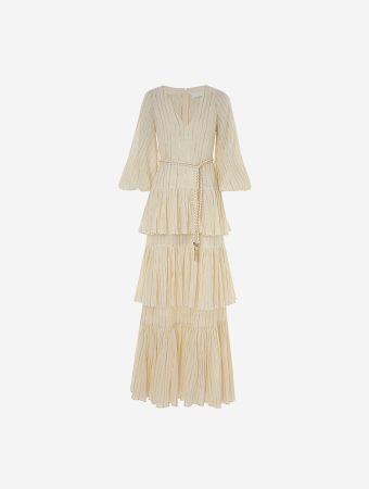 Zimmermann Ivory Gold Waverly Tiered Midi Dress