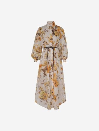 Zimmermann Orange Floral Ottie Tuck Shirt Midi Dress