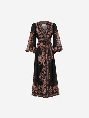 Zimmermann Black Bird Floral Waverly Wrap Midi Dress