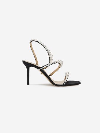 Mach & Mach Black Satin Sirene Round Toe Pearl Sandals