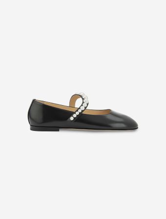 Mach & Mach Black Spazzolato Leather Sirene Pearl Ballerinas