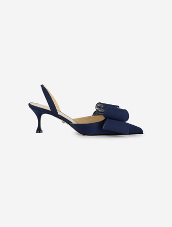 Mach & Mach Navy Blue Satin Le Cadeau Navy Blue Kitten Heel Slingback
