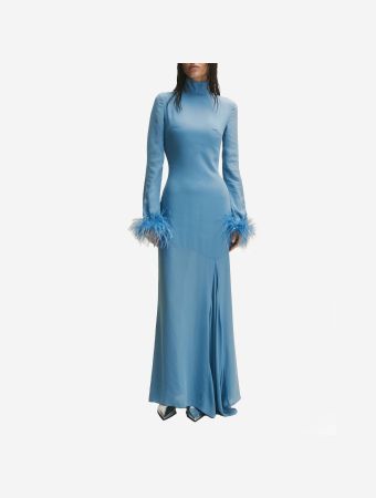 De La Vali Petrol Cosmopolitan Long Sleeve Maxi Dress With Feather Cuff