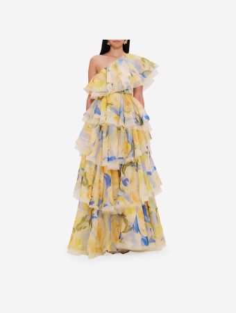 Leo Lin Bouquet Print Paloma One Shoulder Ruffled Maxi Gown