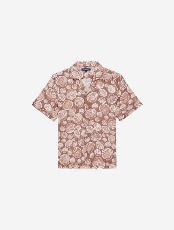 Frescobol Carioca Dusty Coral White Sand Roberto Linen Short Sleeve Shirt Copa Shell Print