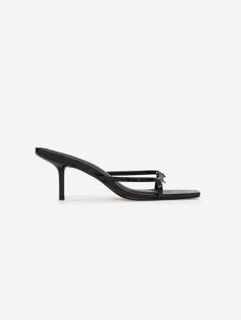 Black Suede Studio Black Crinkle Square Toe Strappy Sandals With Ring Detail