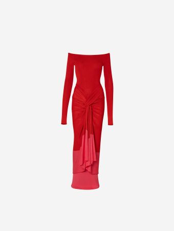 Baobab Achiote Off The Shoulder Maxi Dress With Front Knot Detail