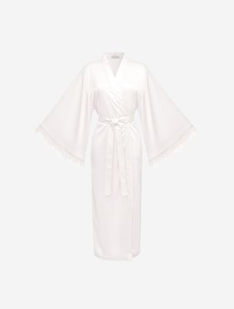Identity Ivory White Long Satin Dressing Gown With Feathers