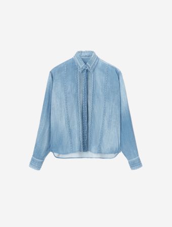 Ermanno Scervino Denim Print Marocain Shirt With Valencienne Lace Details