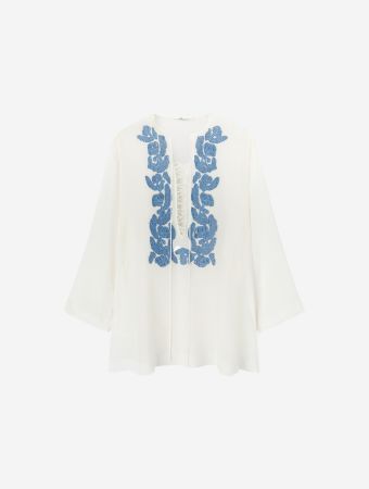 Ermanno Scervino Short Kaftan In Pure Silk Crepe De Chine With Handmade Floral Appliqués