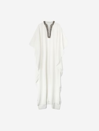 Ermanno Scervino Long Pure Silk Kaftan With Neckline Embellished With Crystal And Pearl Appliqués