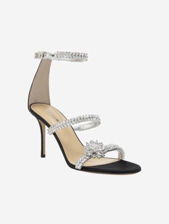 Mach & Mach Black Lotus Flower Jewelled Satin Sandals