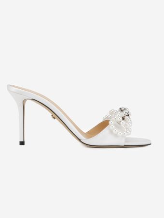 Mach & Mach White Double Bow White Satin Mules With Pearls