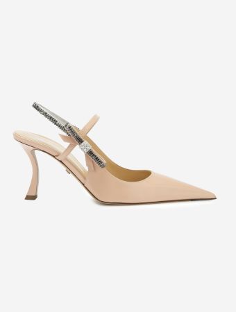 Mach & Mach Nude Crystal Cube Nude Patent Leather Slingback Sandals