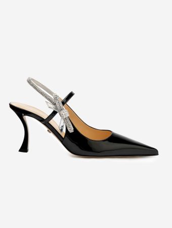 Mach & Mach Black Crystal Cube Nude Patent Leather Slingback Sandals