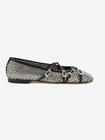 Mach & Mach Black Crystal Net Square Toe Ballerinas With Straps
