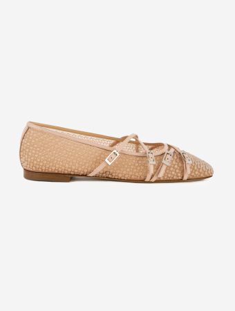 Mach & Mach Nude Crystal Net Square Toe Ballerinas With Straps