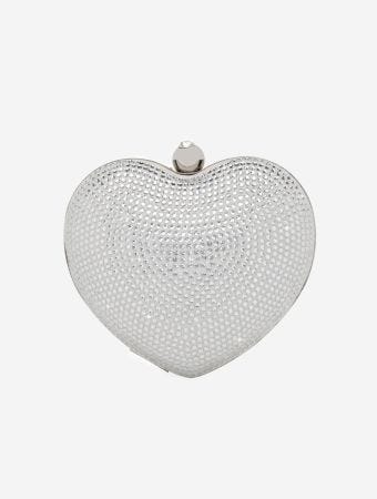 Mach & Mach White Crystal Heart Suede Hotfix Small Clutch