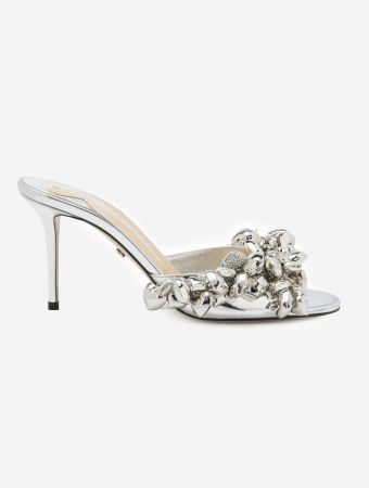 Mach & Mach Silver Puffy Heart Silver Mirror Leather Mules