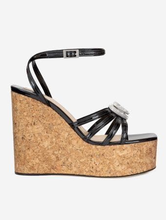 Mach & Mach Black Double Heart Cork Wedge Sandals