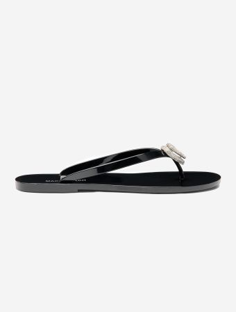 Mach & Mach Black Double Heart Rubber Thong Flip Flops