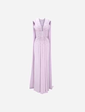 Beaded Draped Gown With Cape
