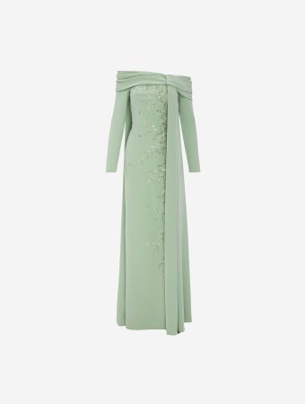 Asymmetrical Green Draped Beaded Cape Gown