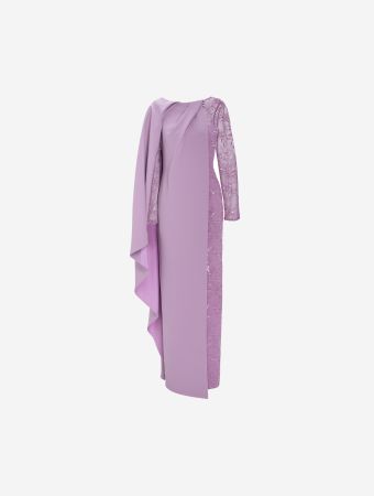 Fully Beaded Gown With Asymmetric Draped Overlay Cape