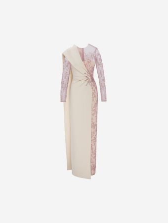 Fully Beaded Draped Gown With One-Shoulder Cape