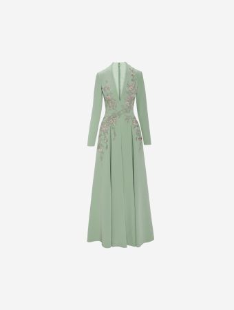 A-Line Paneled Green Gown With Embroidery