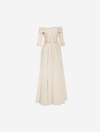 Fully Beaded Off-Shoulder Beige Gown With Paneled A-Line Skirt