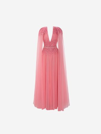 Draped Tulle Embroidered Gown