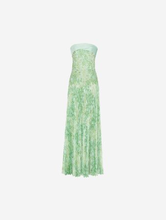 Beaded Strapless Gown With Electric Pleated Skirt