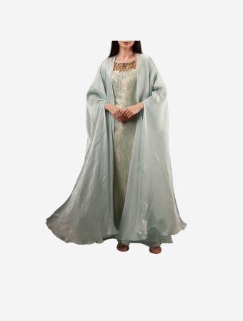 Maison Arabelle Turquoise Latifa Kaftan With Silk Chiffon Cape And Embroidery